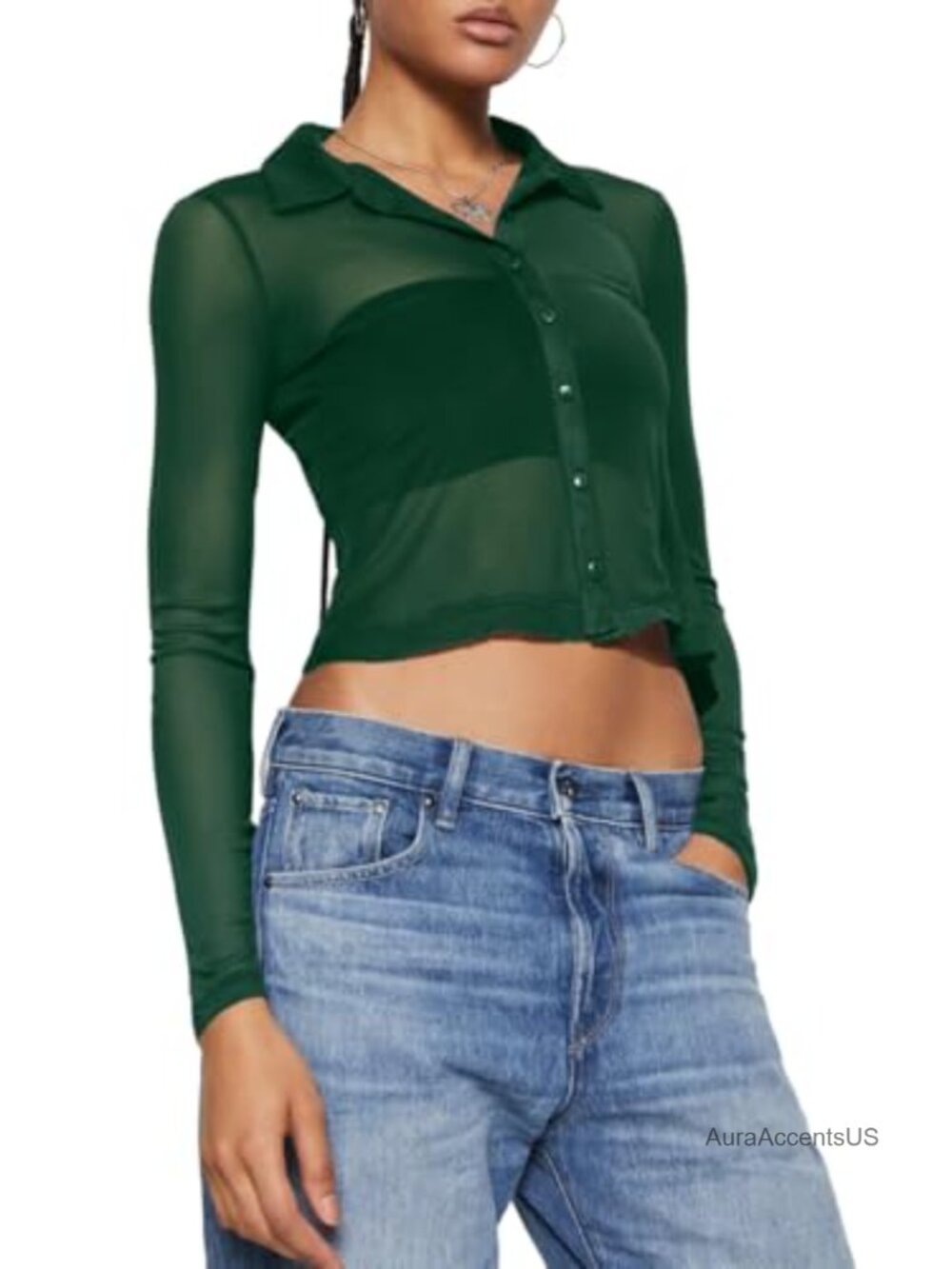 Sheer Mesh Button Up Crop Top Long Sleeve See Through Blouse Women's